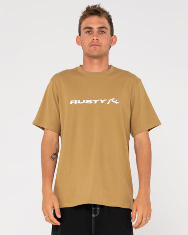 Man wearing Vital Rusty Short Sleeve Tee in Khaki