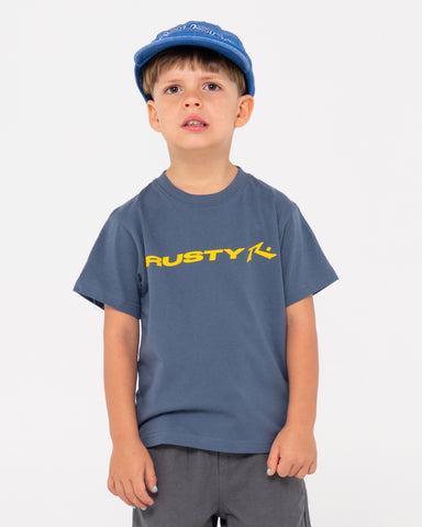 Boy wearing Vital Rusty Short Sleeve Tee Runts in China Blue