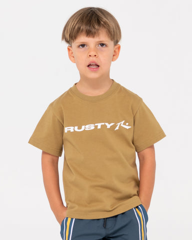 Boy wearing Vital Rusty Short Sleeve Tee Runts in Khaki