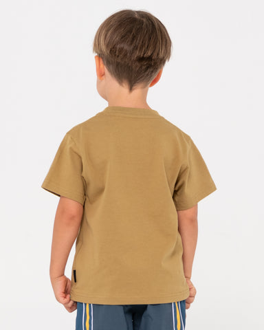 Boy wearing Vital Rusty Short Sleeve Tee Runts in Khaki