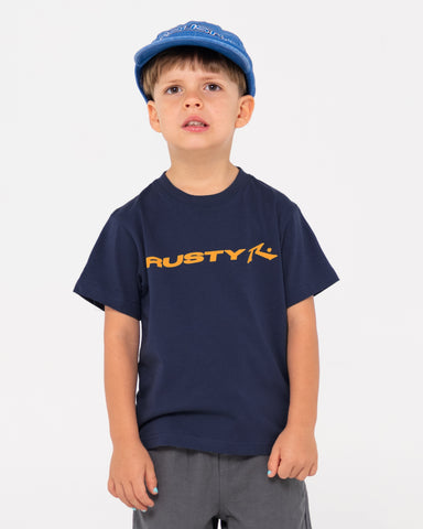 Boy wearing Vital Rusty Short Sleeve Tee Runts in Navy Blue