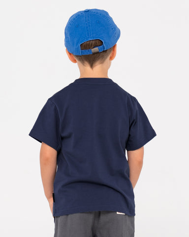 Boy wearing Vital Rusty Short Sleeve Tee Runts in Navy Blue