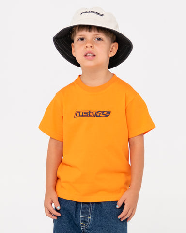 Boy wearing V8 Short Sleeve Tee Runts in Orange