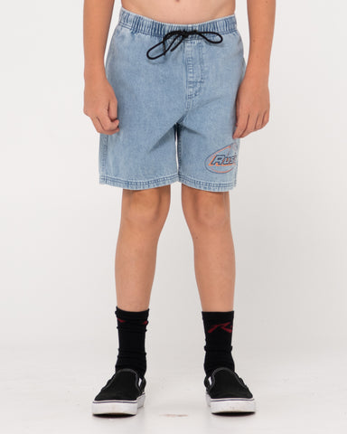 Boy wearing Manila Folder Denim Elastic Short Boys in Ash Blue 2