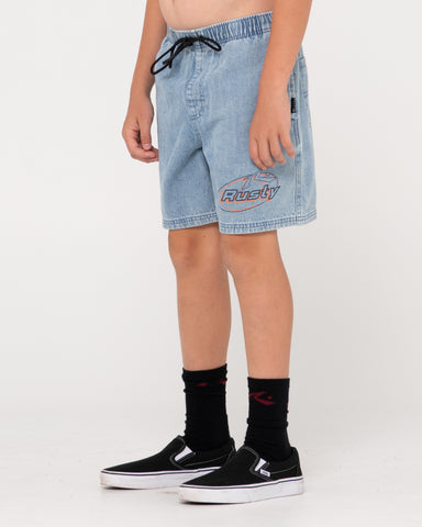 Boy wearing Manila Folder Denim Elastic Short Boys in Ash Blue 2