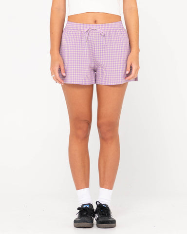 Woman wearing Checked Out Elastic Waist Short in Purple Nights