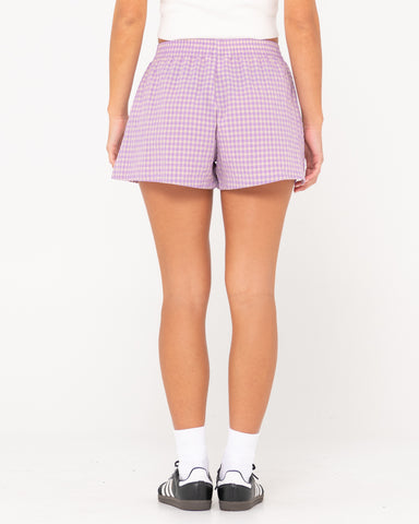 Woman wearing Checked Out Elastic Waist Short in Purple Nights