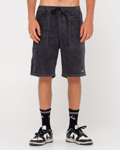 Man wearing 8 Wale Workwear Elastic Short in Coal