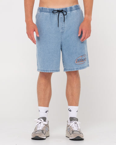 Man wearing Manila Folder Denim Elastic Short in Ash Blue 2