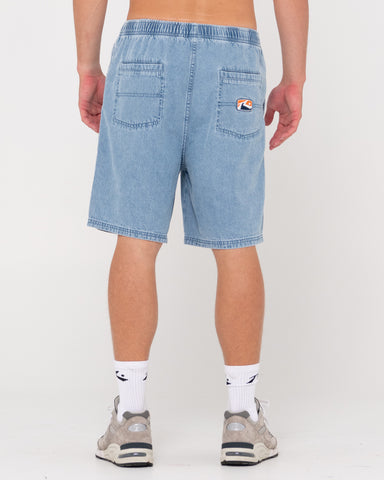 Man wearing Manila Folder Denim Elastic Short in Ash Blue 2