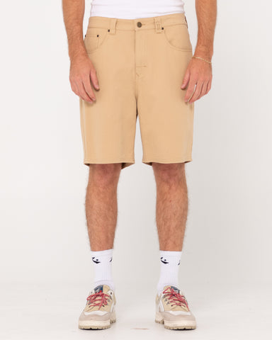 Man wearing Lucifer Loose Twill Short in Light Khaki