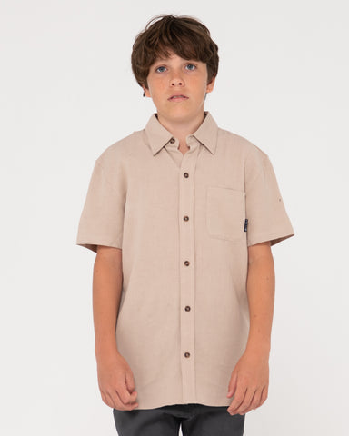 Boy wearing Overtone Short Sleeve Linen Shirt Boys in Light Khaki