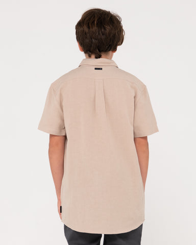 Boy wearing Overtone Short Sleeve Linen Shirt Boys in Light Khaki