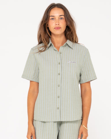 Woman wearing Stripy Girl Short Sleeve Shirt in Faded Pistachio