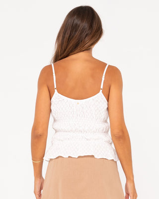 Woman wearing Effie Slip Skimmer Top in White