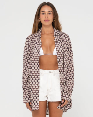 Woman wearing Sorrento Oversized Long Sleeve Shirt in Tuscan Brown