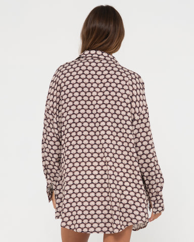 Woman wearing Sorrento Oversized Long Sleeve Shirt in Tuscan Brown