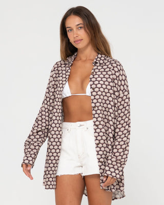 Woman wearing Sorrento Oversized Long Sleeve Shirt in Tuscan Brown