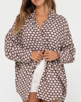 Woman wearing Sorrento Oversized Long Sleeve Shirt in Tuscan Brown