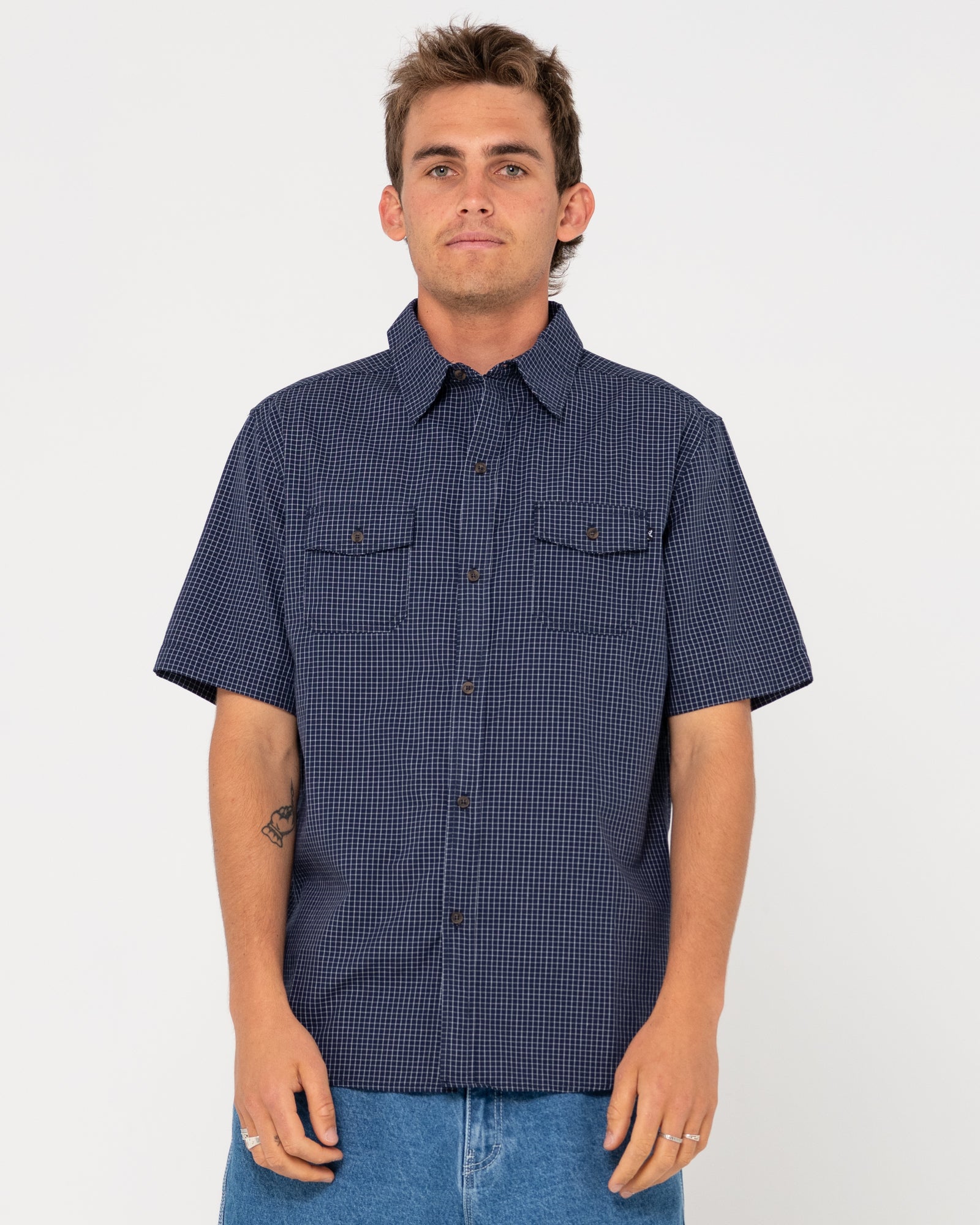 Navy blue dress shirt short sleeve on sale