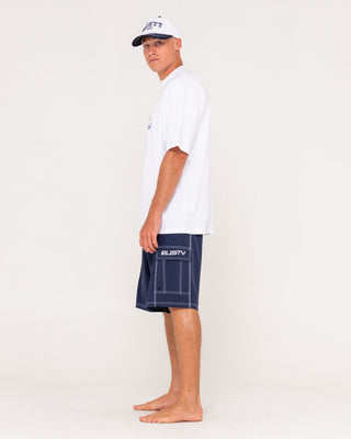 Man wearing Pick Pocket Fixed Waist Boardshort in Navy Blue