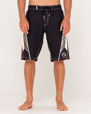 Man wearing Chopper Treed Fixed Waist Boardshort in Black