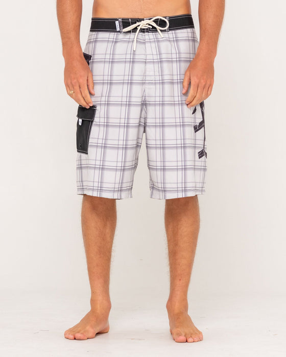 man-wearing-hoodus-fixed-waist-boardshort-in-ultimate-grey