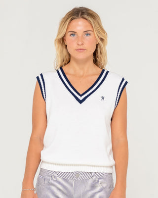 Woman wearing Nero Sleeveless Knit Vest in Egret