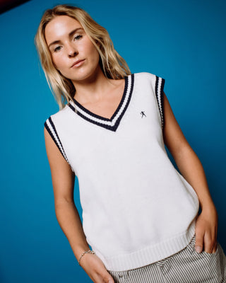 Woman wearing Nero Sleeveless Knit Vest in Egret