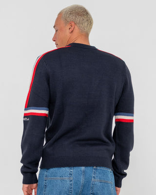 Man wearing Moritz Knitted Crew in Navy Blue