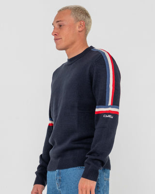 Man wearing Moritz Knitted Crew in Navy Blue