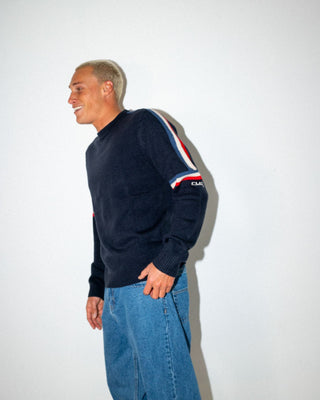 Man wearing Moritz Knitted Crew in Navy Blue