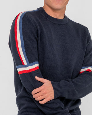 Man wearing Moritz Knitted Crew in Navy Blue