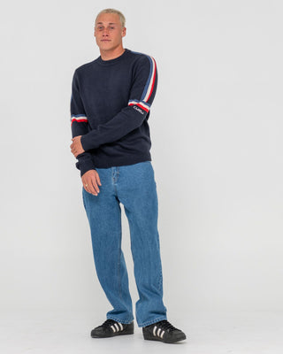 Man wearing Moritz Knitted Crew in Navy Blue