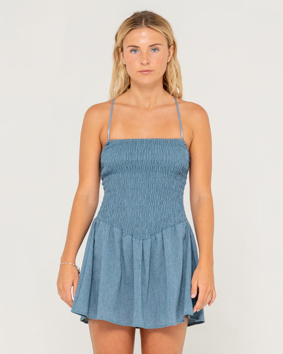 woman-wearing-mimi-bubble-mini-dress-in-retro-blue