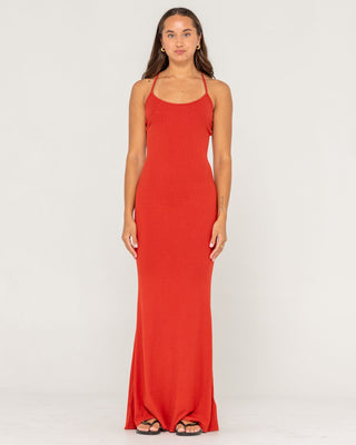 Woman wearing Nicky Slip Maxi Dress in Burnt Orange