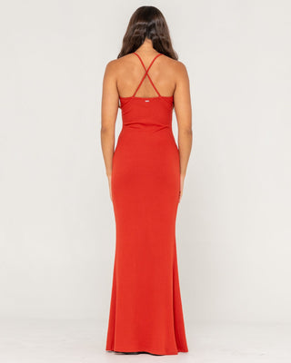 Woman wearing Nicky Slip Maxi Dress in Burnt Orange