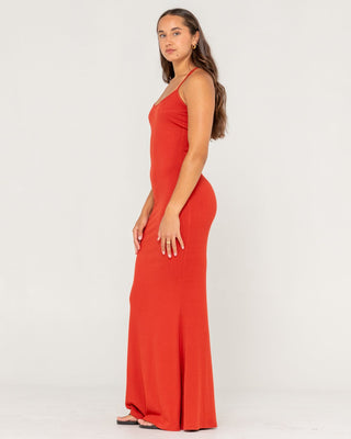 Woman wearing Nicky Slip Maxi Dress in Burnt Orange
