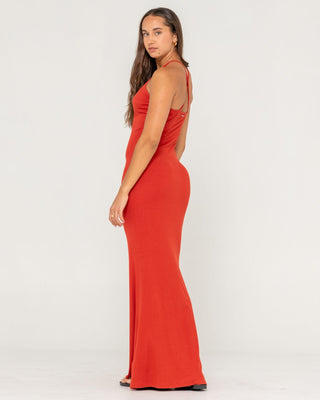 Woman wearing Nicky Slip Maxi Dress in Burnt Orange