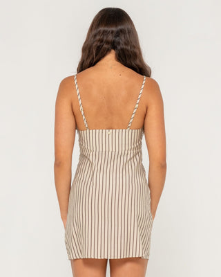 Woman wearing Sandy Stripe Mini Dress in Oatmeal Stripe