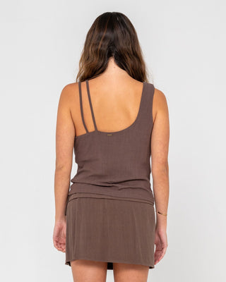Woman wearing Milos Asymmetric Cowl Neck Top in Pinecone