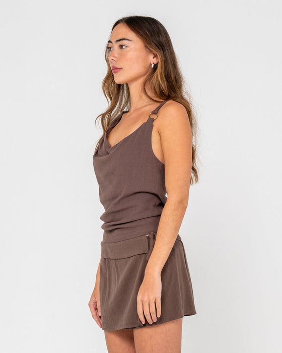 woman-wearing-milos-asymmetric-cowl-neck-top-in-pinecone