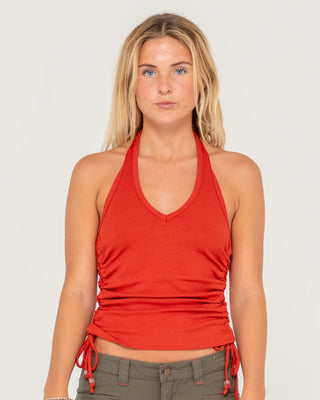 Woman wearing Halter It Up Roughed Top in Burnt Amber