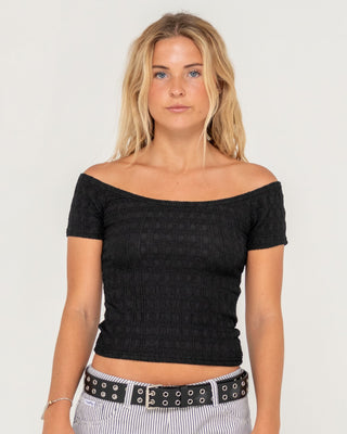 Woman wearing Ciao Bella Off Shoulder Top in Black