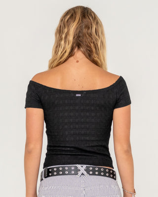 Woman wearing Ciao Bella Off Shoulder Top in Black