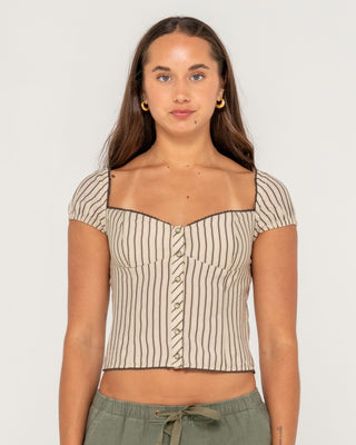 Woman wearing Sandy Button Up Top in Oatmeal Stripe