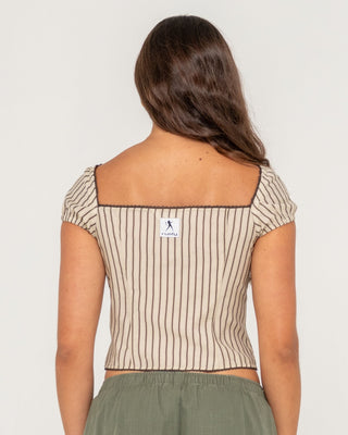 Woman wearing Sandy Button Up Top in Oatmeal Stripe
