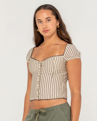 Woman wearing Sandy Button Up Top in Oatmeal Stripe