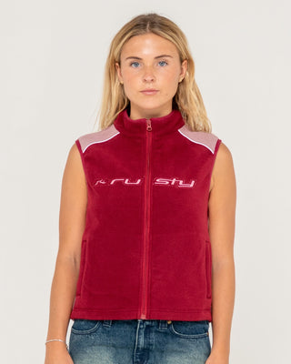 Woman wearing Mr Cool Polar Fleece Vest in Cranberry