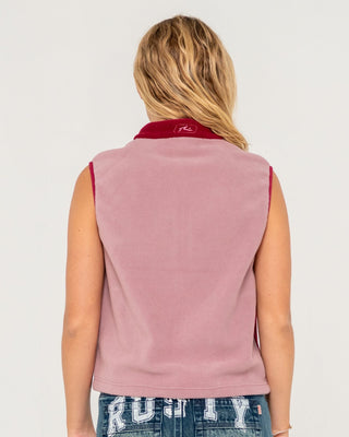 Woman wearing Mr Cool Polar Fleece Vest in Cranberry